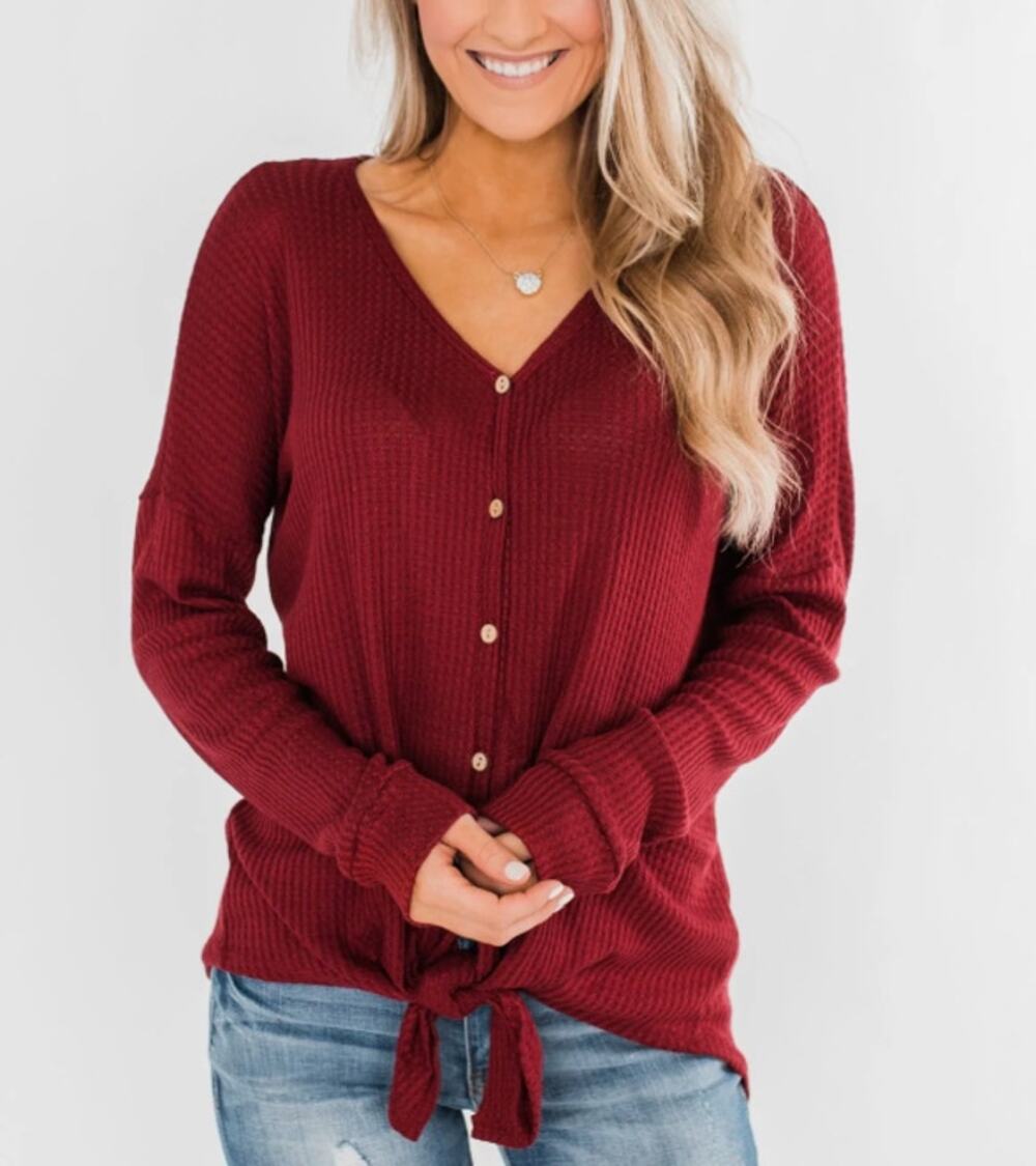 ADORA Thermal Button Knot Top Long Sleeve V-Neck Waffle Knit Burgundy Womens L